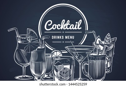 Sketch Cocktail Background. Hand Drawn Alcohol Cocktails Drinks Bar Menu, Cold Drinking Restaurant Beverages Set. Vector Lemon Drawing Long Drink Engrave Coctalis Design