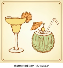 Sketch cocktail with coconut in vintage style, vector