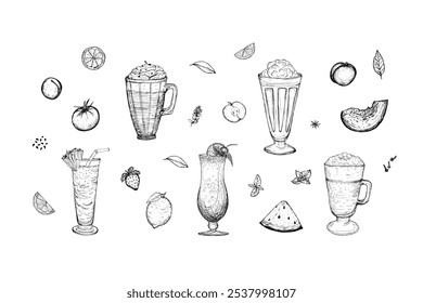 Desenho de coquetel e conjunto de frutas. Vidros desenhados à mão com bebida. Mojito, limonada, martini, champanhe, chá de frutas, Lagoa Azul, Pina colada, Collins.