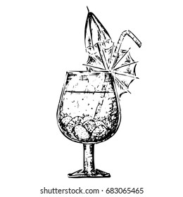 Sketch cocktail glass contour with strawberry and umbrellas