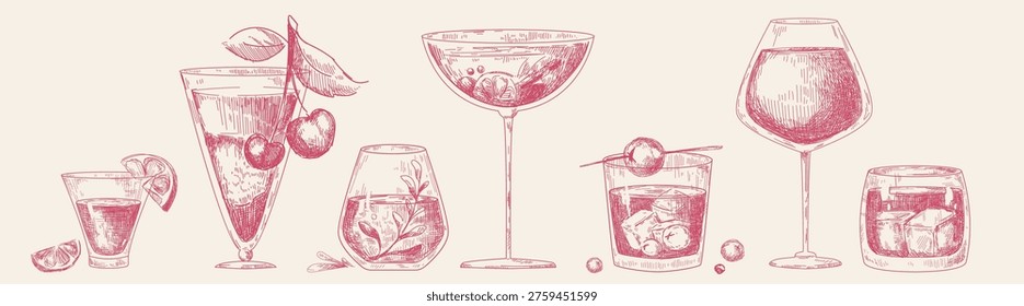 Sketch cocktail glasses set isolated on background. Vector illustration of hand drawn alcohol drinks, retro bar menu, elegant party cups with tequila, wine, gin, vodka and fruit, line art drawings