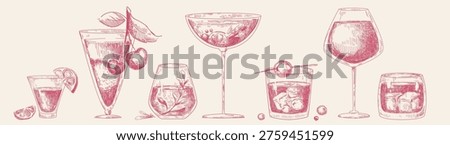 Sketch cocktail glasses set isolated on background. Vector illustration of hand drawn alcohol drinks, retro bar menu, elegant party cups with tequila, wine, gin, vodka and fruit, line art drawings