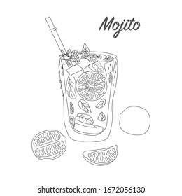 Sketch cocktail with lime and mint. Mojito. Vector illustration