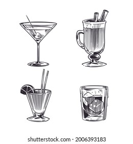 Sketch cocktails alcohol drinks. Hand drawn cold beverages in different glasses. Martini with olive, mulled wine, party summer drink and whiskey with ice. Vector isolated set in engraved style