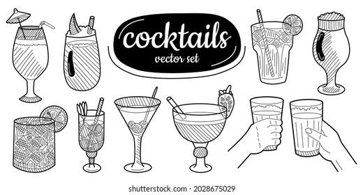 Sketch cocktails, alcohol drinks set. Hand drawn vector illustration. Vector illustration.