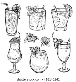 Sketch cocktails and alcohol drinks set. Hand drawn vector illustration. Whiskey, margarita, juice, milk shake and other. Set 1.