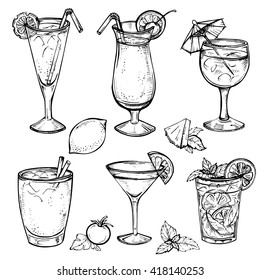 Sketch cocktails and alcohol drinks set. Hand drawn vector illustration. Martini, bloody mary, margarita, tequila, cosmopolitan, mojito, pina colada and other. Set 2.