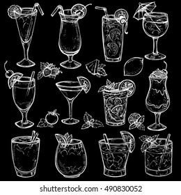 Sketch cocktails, alcohol drinks set. Hand drawn vector illustration. Martini, bloody mary, margarita, tequila, cosmopolitan, mojito, pina colada, whiskey, margarita, juice, milk shake and other 