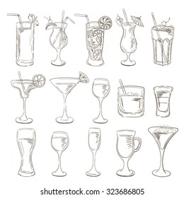 Sketch Cocktails collection. Vector Set of Sketch Cocktails and Alcohol Drinks. Margarita, Blue Lagoon, Mojito, Cosmopolitan, Pina Colada, Bloody Mary, Mulled wine, 