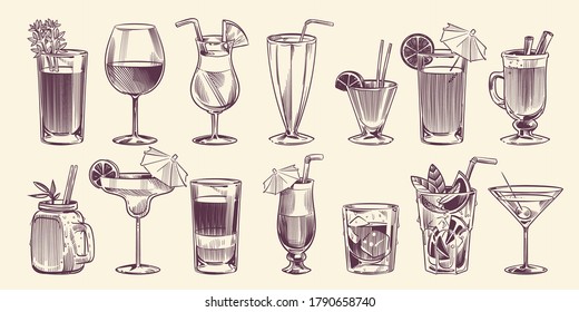 Sketch cocktails. Hand drawn different cocktail set, alcohol drink in glass for party restaurant or cafe menu, cold mojito, tropical pina colada and margarita, engraving style vector isolated set