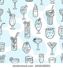 Motif harmonieux de cocktails de croquis. Boissons alcoolisées, différentes boissons au citron vert. Design imprimé de bar de plage. Boissons, arrière-plan Image vectorielle