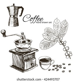 Sketch coffee branch set.Hand drawn vintage illustrations.