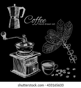 Sketch coffee branch set.Hand drawn vintage illustrations.