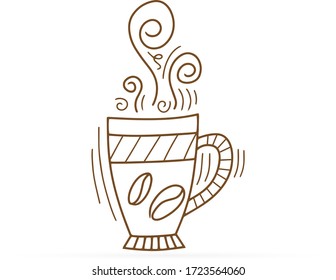 Sketch coffee cup with bean icon isolated on white. Doodle hand drawing line art. Hot drink sign. Beverage symbol. Outline vector stock illustration
