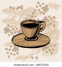 Sketch of  coffee cup with some beans over brown background