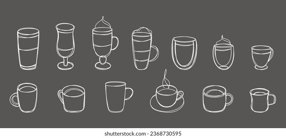 Sketch of coffee cups on a chalkboard. Stylized sketch coffee drawn with chalk on a black board. Doodle coffee cups set. Can be used as menu board for restaurant or bars.