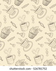 Sketch coffee cups and sweets. Food seamless pattern. 