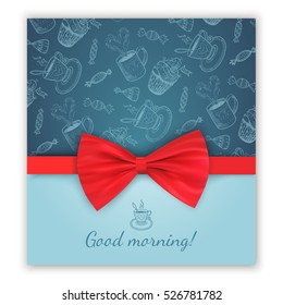 Sketch coffee cups and sweets. Good morning card template. 