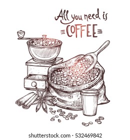 Sketch Coffee Illustration In Monochrome Style. Hand Drawn Still Life With Coffee Mill, Cup, Cinnamon, Star Anise And Bag With Coffee Beans
