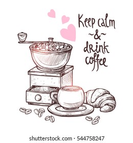 Sketch Coffee Illustration In Monochrome Style. Hand Drawn Still Life With  Coffee Mill, Cup, Coffee Beans, Croissant And Lettering