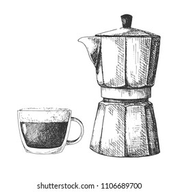 Sketch coffee maker. Coffee maker and mug isolated on white background.