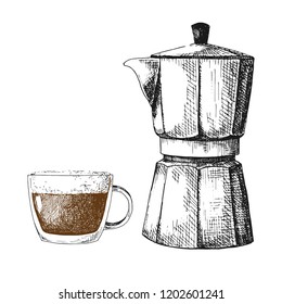 Sketch coffee maker. Coffee maker and mug isolated on white background.