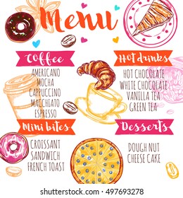 Sketch coffee menu with separation on coffee hot drinks mini bites and desserts vector illustration