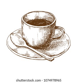 Sketch of coffee mugs on a saucer with a spoon.  Vector illustration in sketch style.