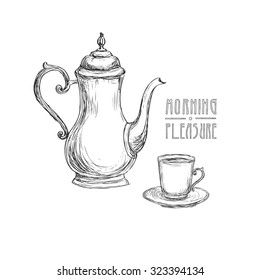 Sketch coffee pot, cup of coffee and inscription Morning Pleasure on a white background. Vector