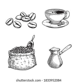 Sketch coffee set. Coffee beans and bag with spoon, cup of coffee, turkish coffee maker cezve. Hand drawn illustrations. Isolated on white background.