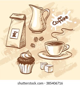 Sketch coffee set . Hand drawn vector illustration.
