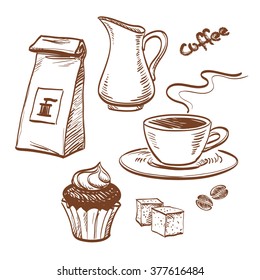 Sketch coffee set isolated on white background. Hand drawn vector illustration.