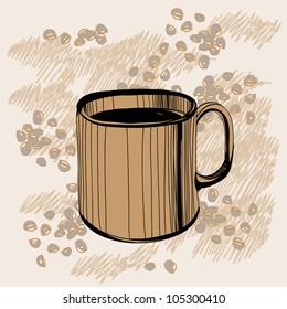 Sketch of  coffee or tea mug with some  beans over brown background