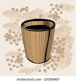 Sketch of  coffee or tea paper mug with some  beans over brown background
