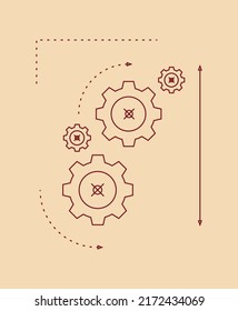 Sketch of cogwheel engineering drawings and vintage brown beige card flat vector illustration.