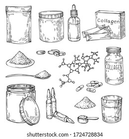 Sketch Collagen Protein Powder, Helix Molecule, Pills, Essential Oils - Hydrolyzed. Hand Drawn Jar. Measure Spoon And Glass Of Water.