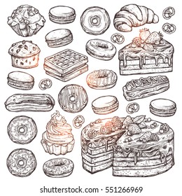 Sketch Collection Of Bakery Products, Dessert And Sweets. Hand Drawn Graphic Set With Cake, Cupcakes, Muffins, Macaroons, Donuts And Waffle