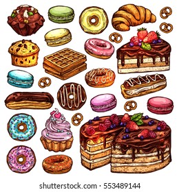 Sketch Collection Of Bakery Products, Dessert And Sweets. Hand Drawn Colorful Set With Cake, Cupcakes, Muffins, Macaroons, Donuts And Waffle