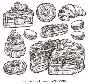 Sketch Collection Of Bakery Products, Dessert And Sweets. Hand Drawn Monochrome Set With Cake, Macaroons, Croissant, Donuts And Waffle