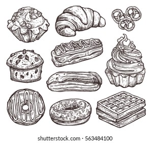 Sketch Collection Of Bakery Products, Dessert And Sweets. Hand Drawn Monochrome Set With Cake, Cupcakes, Muffins And Waffle