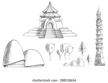 Sketch collection of buildings, temples, trees, plants Taiwan. Asia.