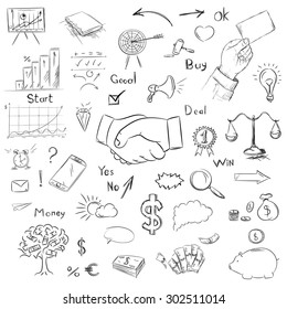 Sketch collection business elements in vector. Drawing freehand handshake, office symbols, money tree, arrows, simple frame, goal. Scribble and contour shading  like kids.