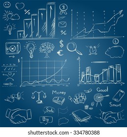 Sketch collection business elements in vector. Drawing freehand handshake, office symbols, money tree, arrows, simple frame, goal. Scribble and contour shading  like kids.