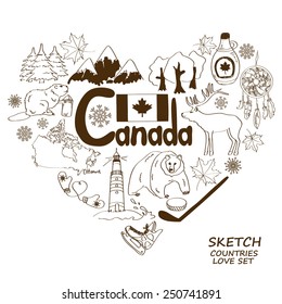 Sketch collection of Canadian symbols in heart shape concept. Travel background