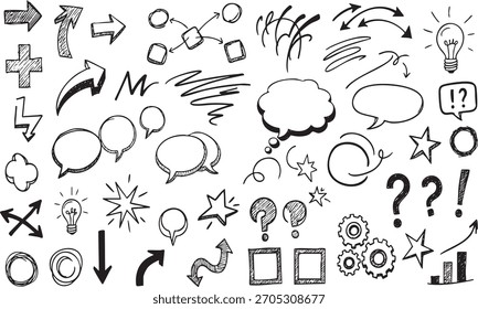 Sketch collection of directional arrows chat bubbles stars and gears. Energy power thoughts concept.