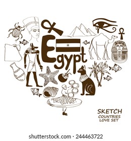 Sketch collection of Egyptian symbols. Heart shape concept. Travel background