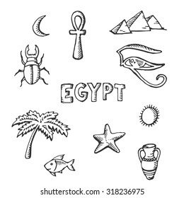 sketch collection of Egyptian symbols-palm, Egypt, fish, Scarabaeus, starfish, pyramids, jug, sun.