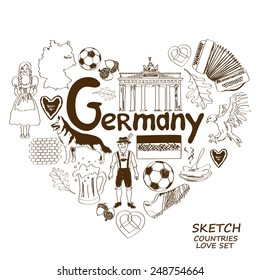 Sketch collection of German symbols. Heart shape concept. Travel background