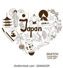 Sketch collection of Japanese symbols. Heart shape concept. Travel background