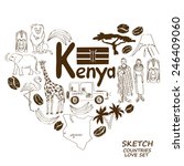 Sketch collection of Kenyan symbols. Heart shape concept. Travel background